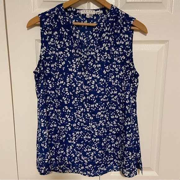 Chaus New York Blue Floral Leaf V-neck Navy Blouse Medium - Picture 2 of 5